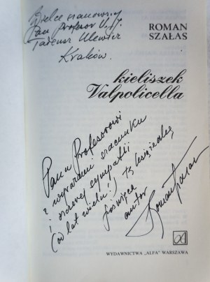 SZAŁAS Roman, Kieliszek Valpolicella, odręczna dedykacja autora dla prof. Tadeusza Ulewicza, Warszawa 1991 r., z ilustracjami autora