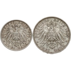 Deutschland Preußen 2 Mark 1904 A &amp; 3 Mark 1909 A Lot von 2 Münzen