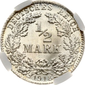 Niemcy 1/2 Marka 1918 D NGC MS 67