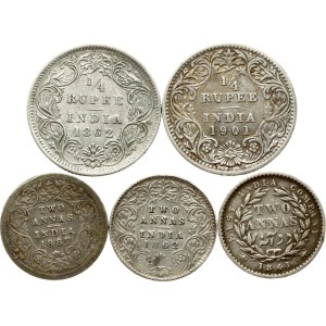 India British 2 Annas & 1/4 Rupee 1841-1901 Lot of 5 coins