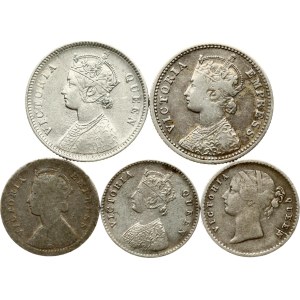 India British 2 Annas & 1/4 Rupee 1841-1901 Lot of 5 coins