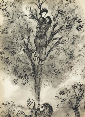 Marc Chagall (1887 Łoźno k. Witebska-1985 Saint-Paul de Vence), Zaczarowana grusza (Poirier enchante ) z cyklu Dekameron Boccaccia (Contes de Boccace), 1950