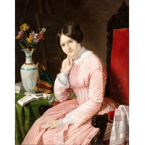 Jean Auguste Dominique Ingres (ambito di) (Montauban 1780 - Parigi 1867) Portrait of a Young Lady Seated with a Vase of Flowers - France, 19th century