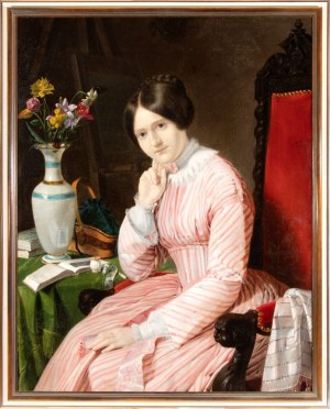 Jean Auguste Dominique Ingres (ambito di) (Montauban 1780 - Parigi 1867) Portrait of a Young Lady Seated with a Vase of Flowers - France, 19th century