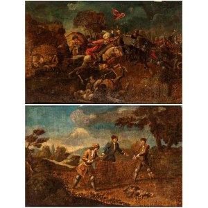 A pair of paintings depicting battle and hunting scenes - 18th century
