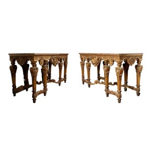 Paire de grandes consoles en bois sculpté et doré avec plateaux en marbre de style Louis XVI - 19e siècle