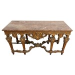 Paire de grandes consoles en bois sculpté et doré avec plateaux en marbre de style Louis XVI - 19e siècle