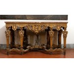 Paire de grandes consoles en bois sculpté et doré avec plateaux en marbre de style Louis XVI - 19e siècle