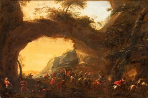 Georg Philipp Rugendas (cerchia di) (1666 - 1742) Landscape painting depicting a bandit ambush and a carriage - 18th century