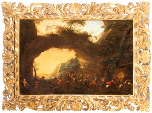 Georg Philipp Rugendas (cerchia di) (1666 - 1742) Landscape painting depicting a bandit ambush and a carriage - 18th century