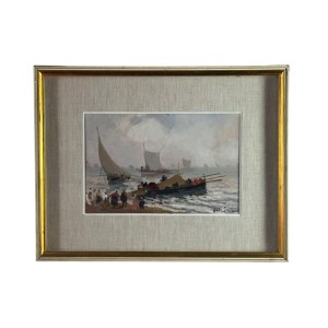 DI MARINO, Marine view with fishermen and figures - Di Marino