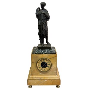 Yellow Siena marble clock with a high-quality lost-wax bronze sculpture