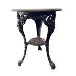 Round cast iron table with decorated wooden top