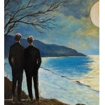 ANONIMO, Two Male Figures on a Seaside at Sunset