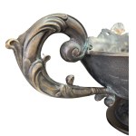 Hand-chiseled centerpiece vase in patinated bronze