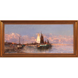 Georg Fischhof (1859-1914) - Étude verticale du port au lever du soleil