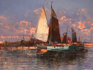 Georg Fischhof (1859-1914)- Vertical Harbor Study at Sunrise