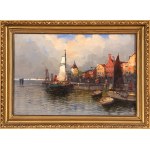 Georg Fischhof (1859-1914). Animated Harbor Scene at Dusk