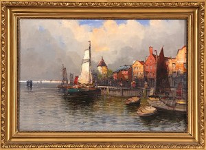 Georg Fischhof (1859-1914). Animated Harbor Scene at Dusk