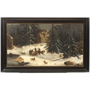 19th-century painter - Winter landscape with travelers