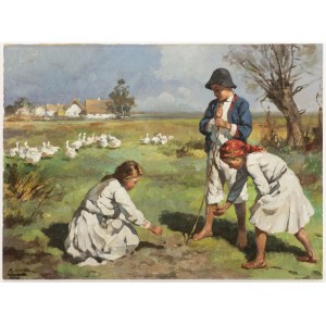 ÉCOLE HONGROISE (20E SIÈCLE) . Enfants s'occupant d'oies dans un paysage d'été