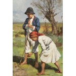 ÉCOLE HONGROISE (20E SIÈCLE) . Enfants s'occupant d'oies dans un paysage d'été