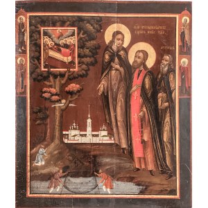 Icône orthodoxe russe du XIXe siècle. Saints Adrien de Poshekhonye et Léonide avec la Dormition de la Mère de Dieu.