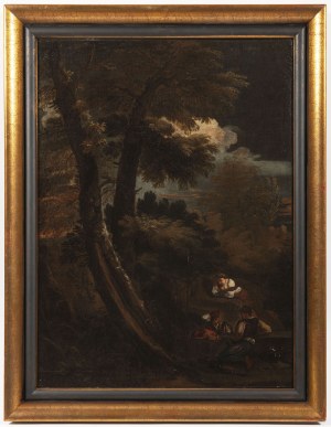 Attributed to Pier Francesco Mola (Coldrerio 1612 Rome 1666)., Attributed to Pier Francesco Mola (Coldrerio 1612 Rome 1666). Resting Soldiers and a Woman at Sunset
