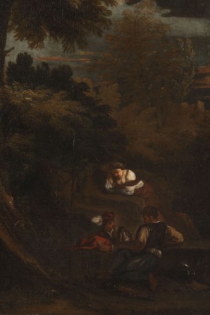 Attributed to Pier Francesco Mola (Coldrerio 1612 Rome 1666)., Attributed to Pier Francesco Mola (Coldrerio 1612 Rome 1666). Resting Soldiers and a Woman at Sunset