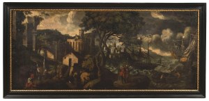 Italian Master Circle of Paul Bril 17th century . Coastal Landscape with Ships in Stormy Seas