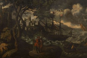 Italian Master Circle of Paul Bril 17th century . Coastal Landscape with Ships in Stormy Seas