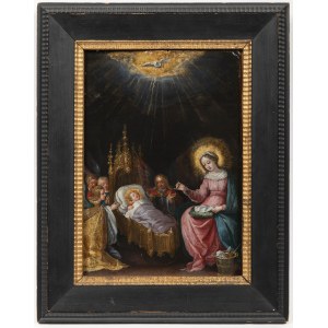 ATTRIBUTED TO FRANS FRANCKEN II (ANTWERP 1581 - 1642) . The Virgin Sewing beside the Infant Christ and Adoring Angels