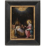 ATTRIBUTED TO FRANS FRANCKEN II (ANTWERP 1581 - 1642) . The Virgin Sewing beside the Infant Christ and Adoring Angels