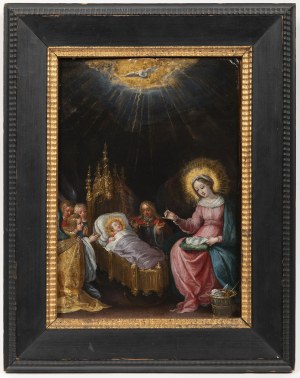 ATTRIBUTED TO FRANS FRANCKEN II (ANTWERP 1581 - 1642) . The Virgin Sewing beside the Infant Christ and Adoring Angels