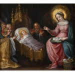 ATTRIBUTED TO FRANS FRANCKEN II (ANTWERP 1581 - 1642) . The Virgin Sewing beside the Infant Christ and Adoring Angels