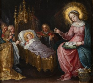 ATTRIBUTED TO FRANS FRANCKEN II (ANTWERP 1581 - 1642) . The Virgin Sewing beside the Infant Christ and Adoring Angels