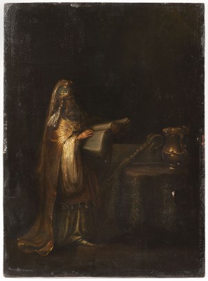 Follower of Rembrandt van Rijn 17-18th Century. Scholar in Oriental Dress Reading a Manuscript