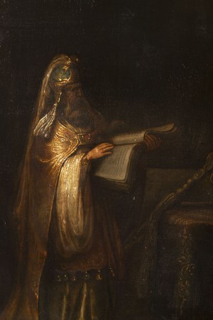 Follower of Rembrandt van Rijn 17-18th Century. Scholar in Oriental Dress Reading a Manuscript