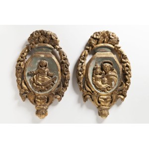 Pair of Wall Carvings, circa 1800 . Depicting the Virgin and Child, and a Female Saint