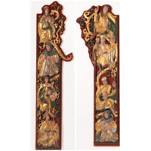 Tyrol, około 1520 r. Para polichromowanych płaskorzeźb z drewna