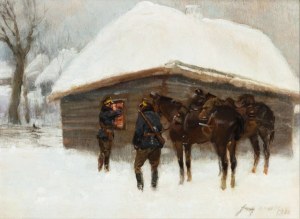 Jerzy Kossak (1886 - 1955), Zimowy patrol przed chatą, 1935 r.