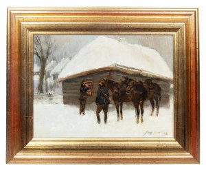 Jerzy Kossak (1886 - 1955), Zimowy patrol przed chatą, 1935 r.