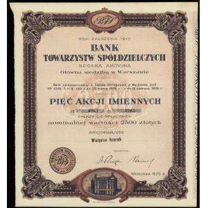 Bank of Cooperative Societies, 5 shares at 500 zlotys = 2,500 zlotys, 1929, Warsaw