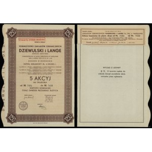 Dziewulski and Lange, 5 shares at 250 zlotys = 1,250 zlotys, 1937, Warsaw