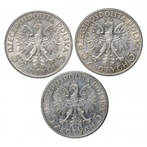 II Rzeczpospolita, zestaw 3 sztuk 5 złotych Polonia