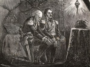 Juliusz KOSSAK (1824-1899), Nocna modlitwa Szymona Mohorta z Ksawerym Krasickim przed poranną mszą świętą