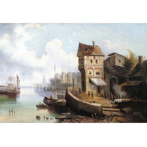 TOWN BY THE RIVER, OIL ON CANVAS