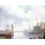 TOWN BY THE RIVER, OIL ON CANVAS