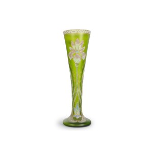 ART NOUVEAU VASE, GREEN, IRIDESCENT GLASS, COLORFULLY PAINTED