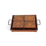 GAME SET, GAME PIECES IN FOUR WOODEN BOXES ON A TRAY